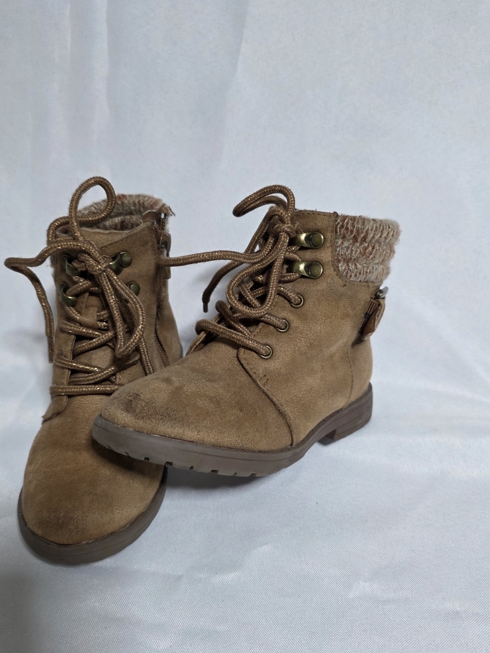 Girls Tan Lace-Up Knit Cuff Ankle Boots
